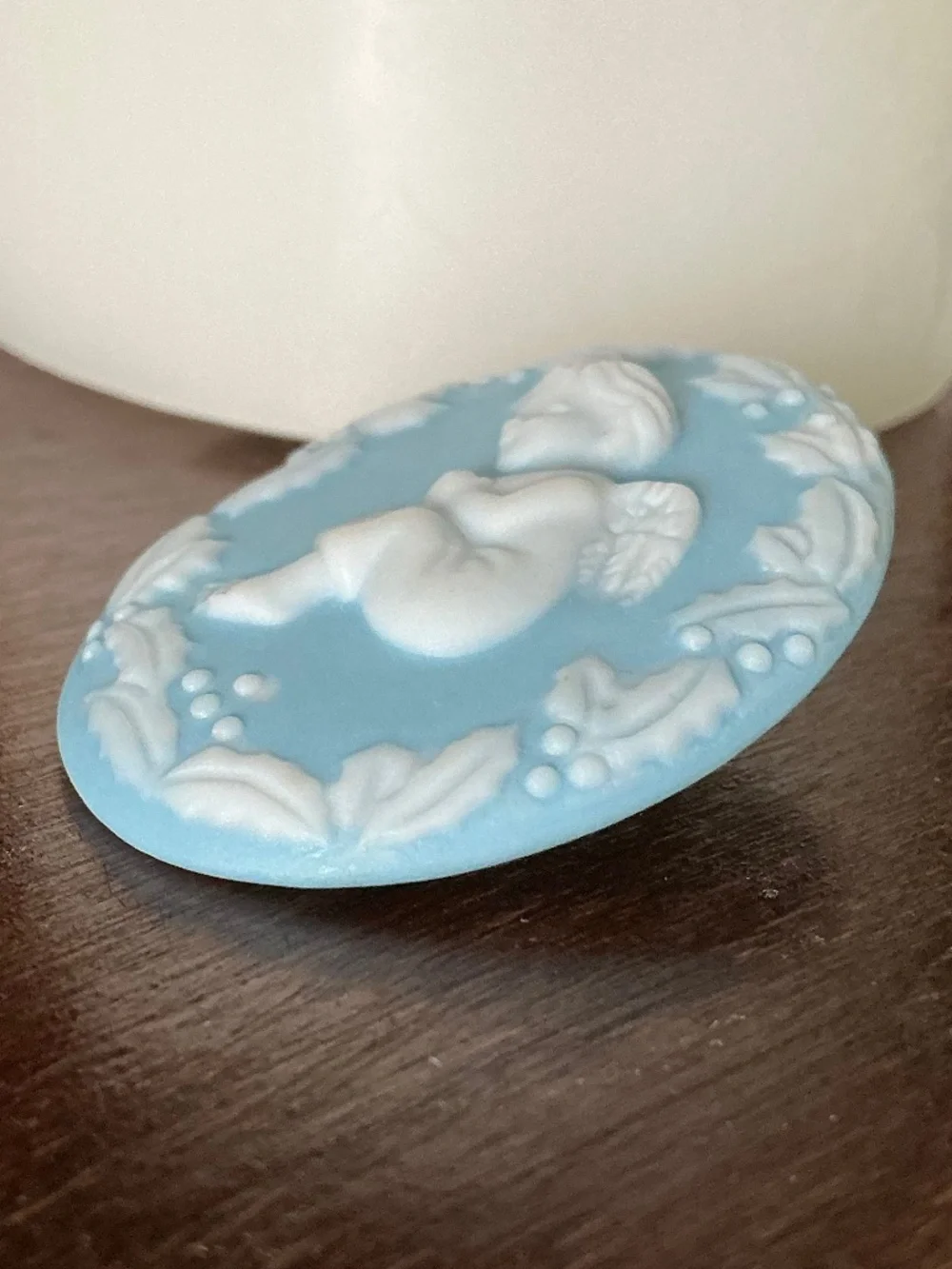Vintage KD Signed Jasperware Style Brooch Blue White Sleeping Baby Angel Cherub